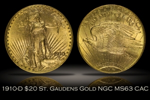 1910-D $20 St. Gaudens Gold NGC MS63 Old Holder