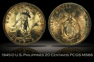 1945-S U.S.-Philippines 20 Centavos PCGS MS66