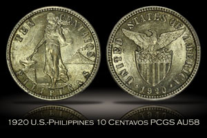 1920 U.S.-Philippines 10 Centavos PCGS AU58
