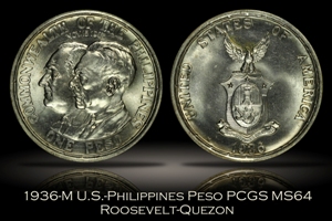 1936-M U.S.-Philippines Commemorative Roosevelt-Quezon One Peso PCGS MS64