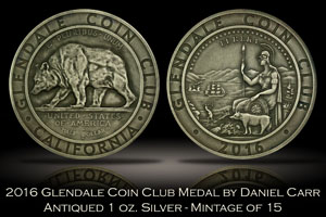 2016 Glendale Coin Club Antiqued Silver Medal by Daniel Carr
