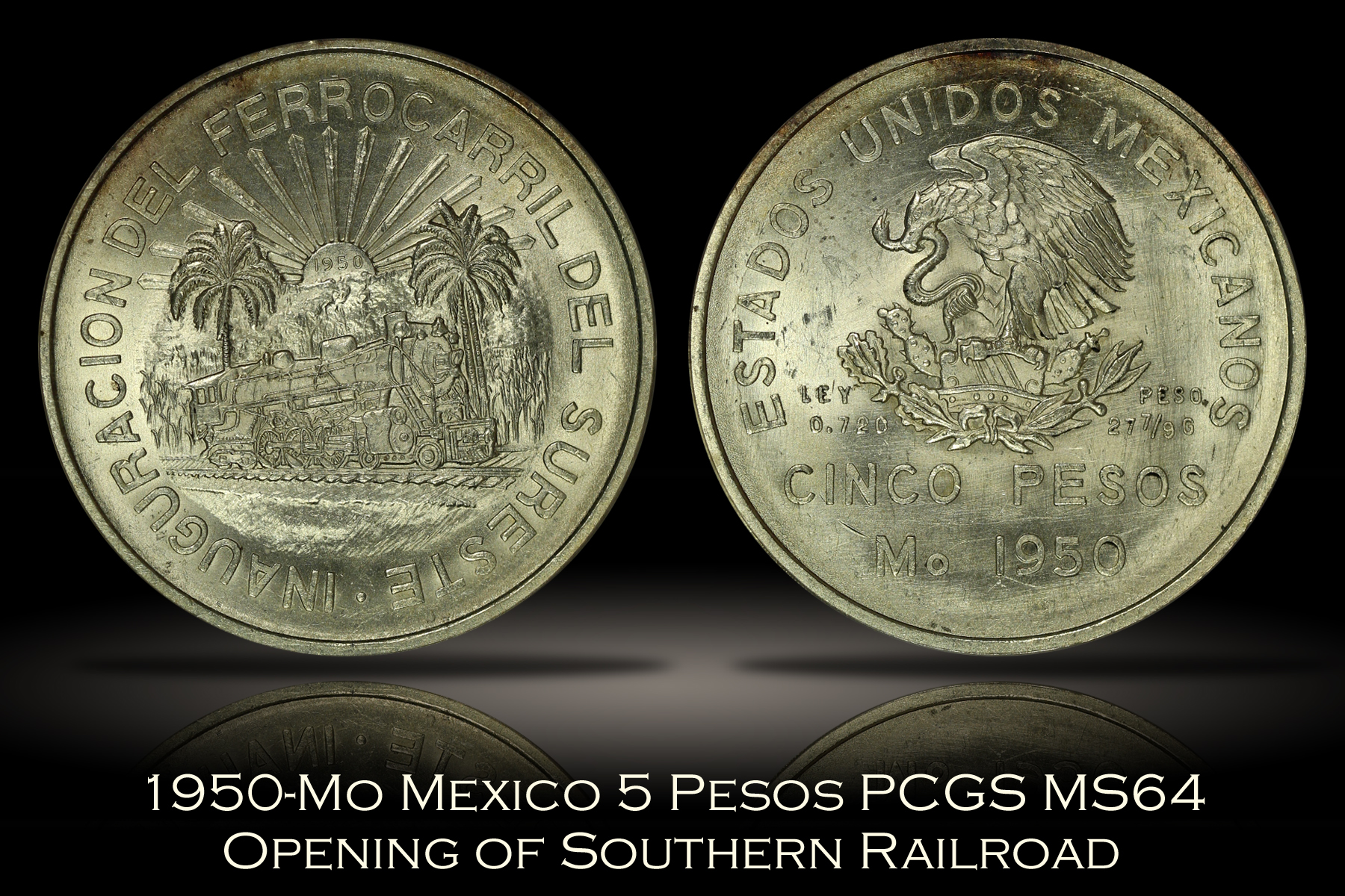 1950-Mo Mexico 5 Pesos Opening of Southern Railroad PCGS MS64