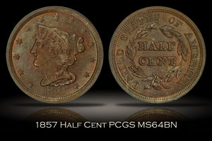 1857 Half Cent PCGS MS64BN