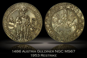 1486 Austria Guldiner NGC MS67 1953 Silver Restrike