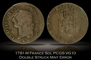 1791-M France Sol PCGS VG10 Double Struck Mint Error