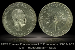 1952 Europa 2.5 Europinos Half Dollar NGC MS63 Hamburg Mint