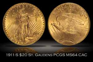 1911-S $20 St. Gaudens Gold PCGS MS64 CAC