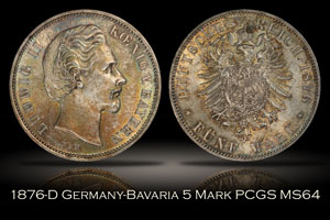 1876-D Germany-Bavaria 5 Mark PCGS MS64
