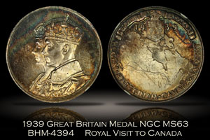 1939 Great Britain Royal Visit to Canada Medal NGC MS63