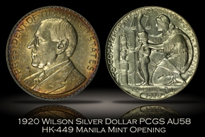 1920 Wilson Dollar Manila Mint Silver HK-449 PCGS AU58