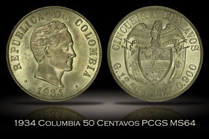 1934 Columbia 50 Centavos PCGS MS64