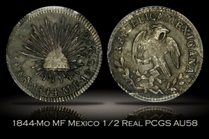 1844-Mo MF Mexico 1/2 Real PCGS AU58
