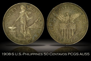 1908-S U.S.-Philippines 50 Centavos PCGS AU55