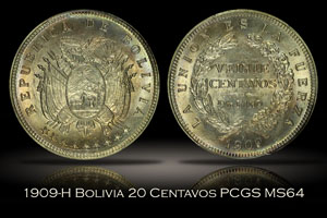 1909-H Bolivia 20 Centavos PCGS MS64
