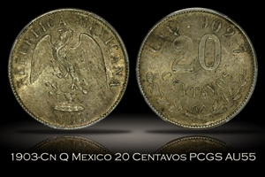 1903-Cn Q Mexico 20 Centavos PCGS AU55