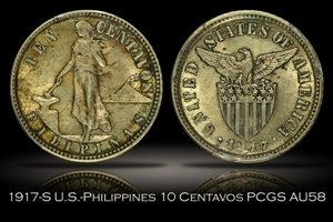 1917-S U.S.-Philippines Ten Centavos PCGS AU58