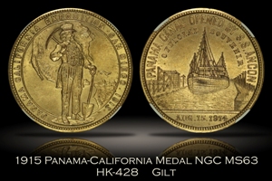 1915 Panama-California Official Medal Gilt HK-428 NGC MS63