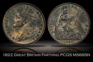 1822 Great Britain Farthing 1/4D PCGS MS66BN