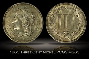 1865 Three Cent Nickel PCGS MS63