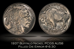 1937 Buffalo Nickel Filled Die Mint Error PCGS AU58