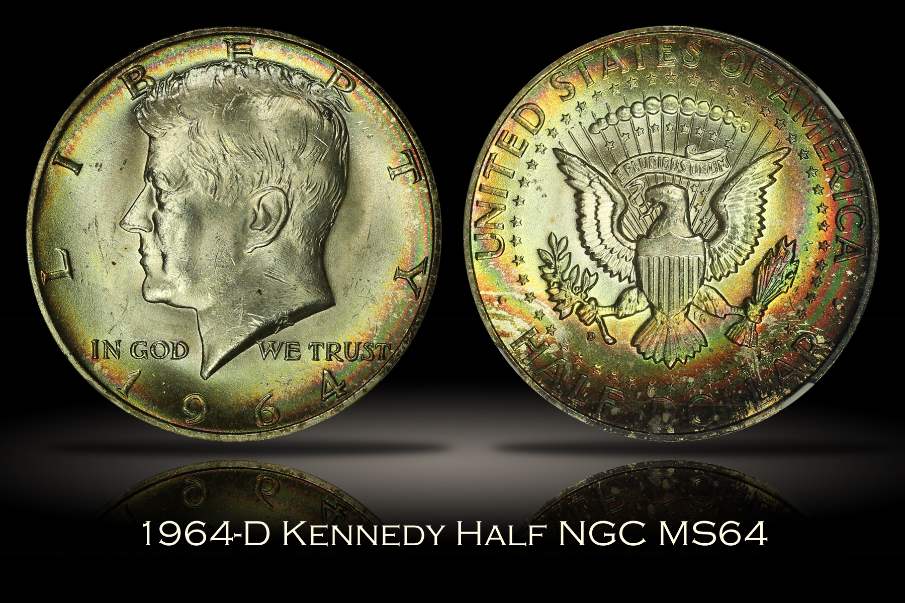 1964-D Kennedy Half Dollar NGC MS64 Attractive Rainbow Toning Silver