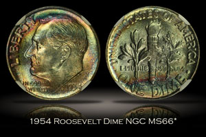 1954 Roosevelt Dime NGC MS66*