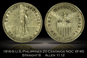 1916-S U.S.-Philippines 20 Centavos Straight 6 Allen 11.12 NGC XF45