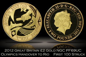 2012 Great Britain £2 Gold London Olympics Handover to Rio NGC PF69UC