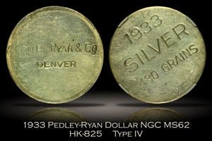 1933 Pedley-Ryan Silver Dollar HK-825 NGC MS62