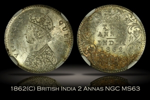 1862(C) British India 2 Annas NGC MS63