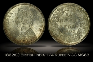 1862(C) British India 1/4 Rupee NGC MS63