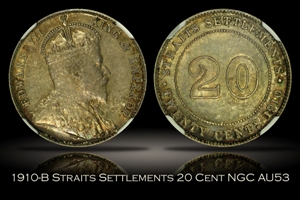 1910-B Straits Settlements 20 Cents NGC AU53
