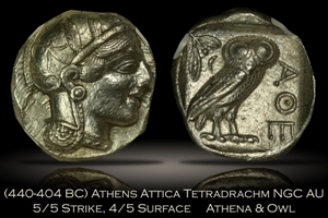 440-404 BC Athens Attica Tetradrachm Athena Owl NGC AU 5/5 4/5