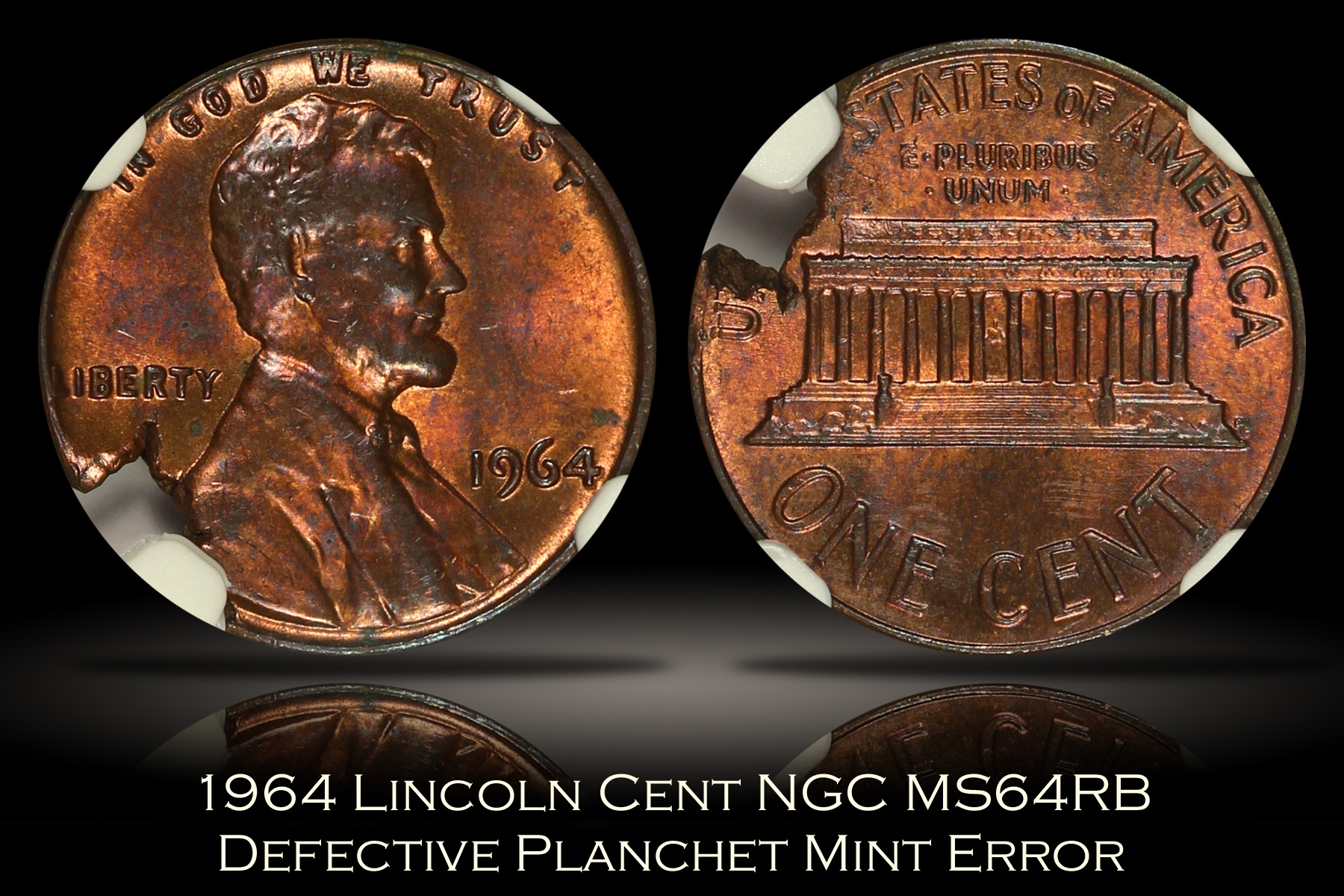 1964 1c Lincoln Cent Struck Through Split Planchet Reverse PCGS MS63 RB -  Sullivan Numismatics, Inc