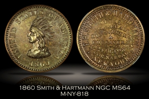 1860 Smith & Hartmann Indian Token NY-818 NGC MS64