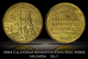 1894 California Midwinter Exposition Gilt Official Medal HK-245A NGC MS62