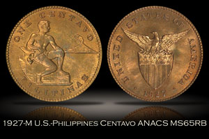1927-M U.S.-Philippines One Centavo ANACS MS65RB