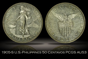 1905-S U.S.-Philippines 50 Centavos PCGS AU53