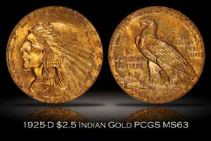 1925-D $2.5 Indian Gold PCGS MS63 OGH
