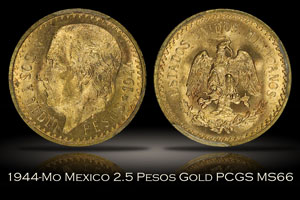 1944-Mo Mexico 2.5 Pesos Gold PCGS MS66