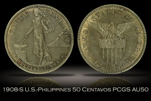 1908-S U.S.-Philippines 50 Centavos PCGS AU50