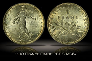 1918 France Franc PCGS MS62