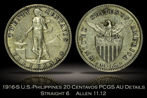 1916-S U.S.-Philippines 20 Centavos Straight 6 Allen 11.12 PCGS AU Details