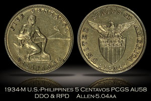 1934-M U.S.-Philippines 5 Centavos DDO RPD Allen 5.04aa PCGS AU58