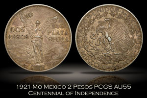 1921-Mo Mexico 2 Peso PCGS AU55