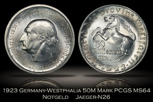 1923 Notgeld Germany Westphalia 50 Million Marks Jaeger N26 PCGS MS64